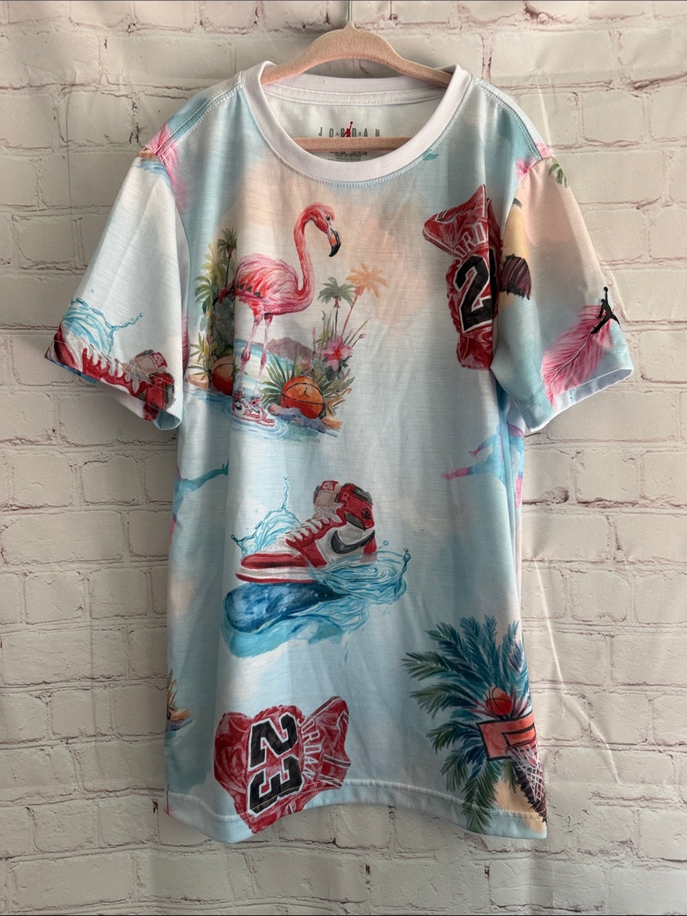 Nike Jordan kids Flamingo & Sneaker Graphic Tee - Light Blue Size Medium